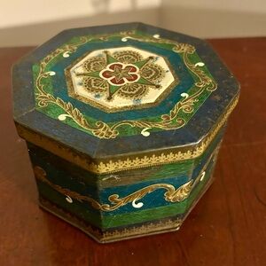 Vintage Octagon-Shaped Embossed Tin With A Mandala-Like Blue Green & Gold Design